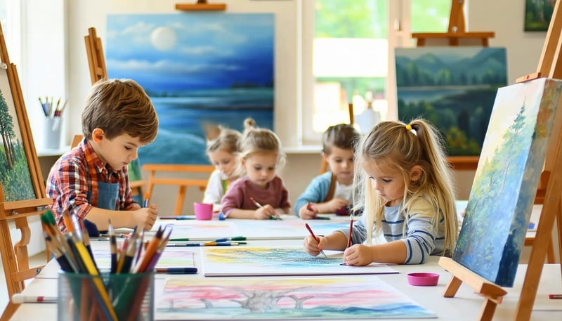 A bright and cosy art classroom at ART.EL, with students of various ages engaged in painting and drawing. A bright and cosy art classroom at ART.EL, with students of various ages engaged in painting and drawing.