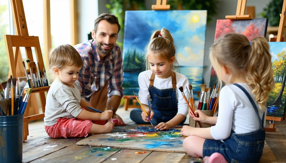 Children and adults painting together in a cosy art studio Children and adults painting together in a cosy art studio